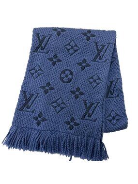Louis Vuitton Logomania Scarf Wool Silk Fringe Blue